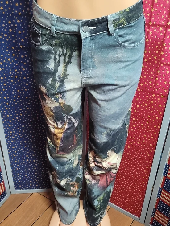 SHEIN Blue Straight-Leg Jeans with Artistic Print - Picture 1 of 5